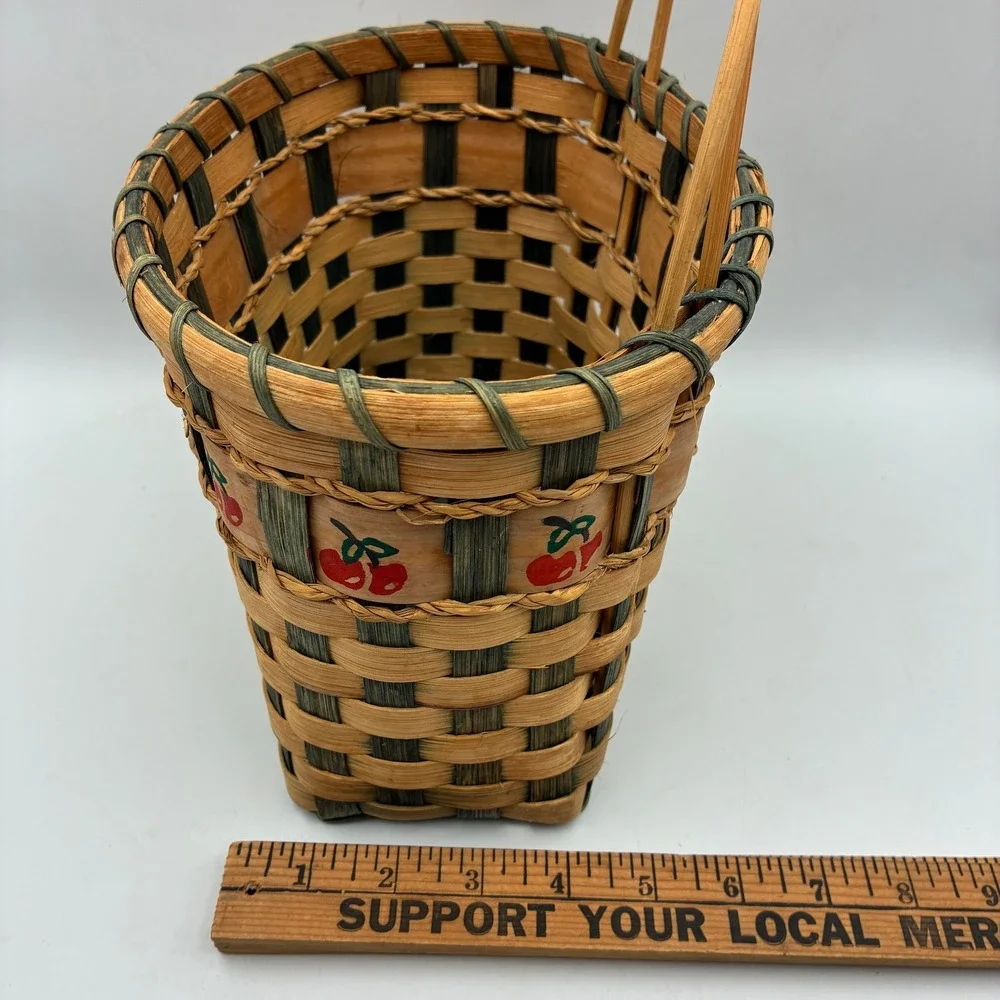 Handcrafted Woven Wood Cherry‎ Print Basket Dual Handle Farmhouse Storage 10x7x6